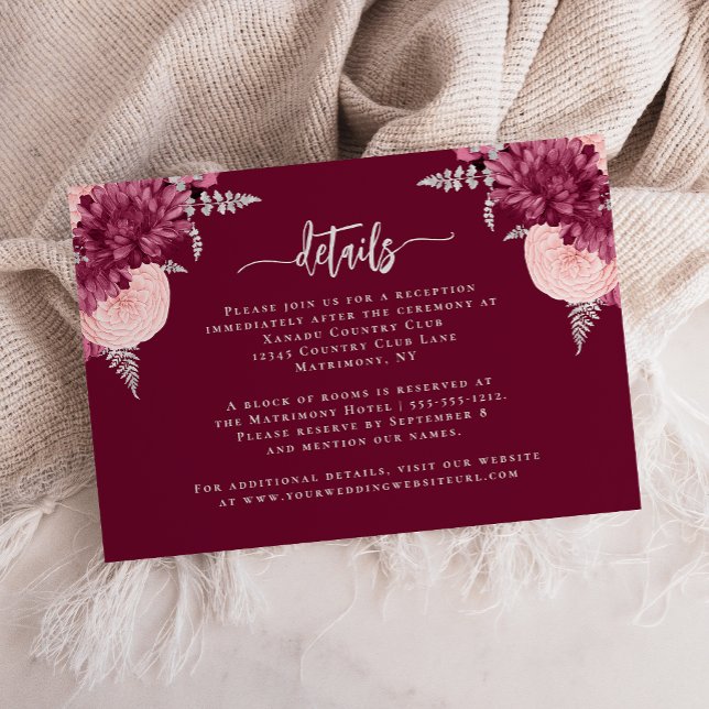 Carte D'accompagnement Burgundy Blush Silver Floral Détails du Mariage (Créateur téléchargé)