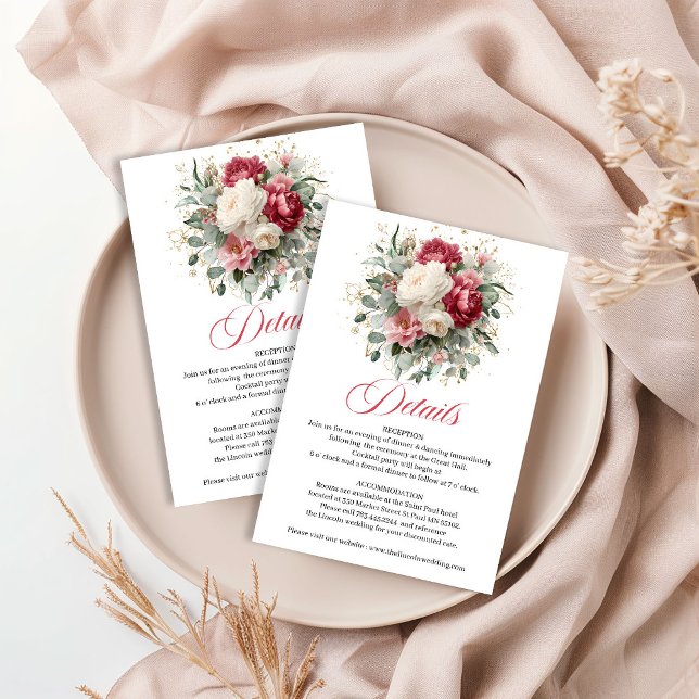 Carte D'accompagnement Burgundy Blush White Floral Wedding Details (Burgundy Blush White Floral Wedding Details)