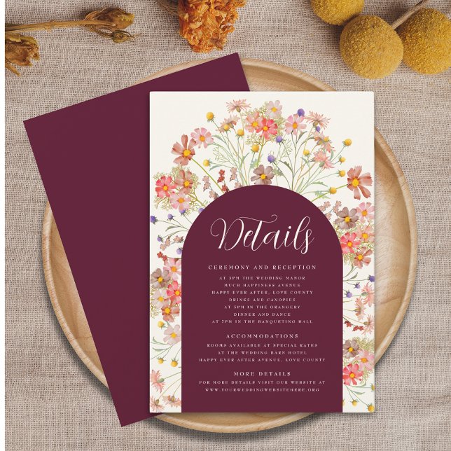 Carte D'accompagnement Burgundy Boho Rustic Floral Arch Détails du Mariag (Burgundy and ivory cream boho fall rustic floral arch wedding details enclosure card Watercolor )