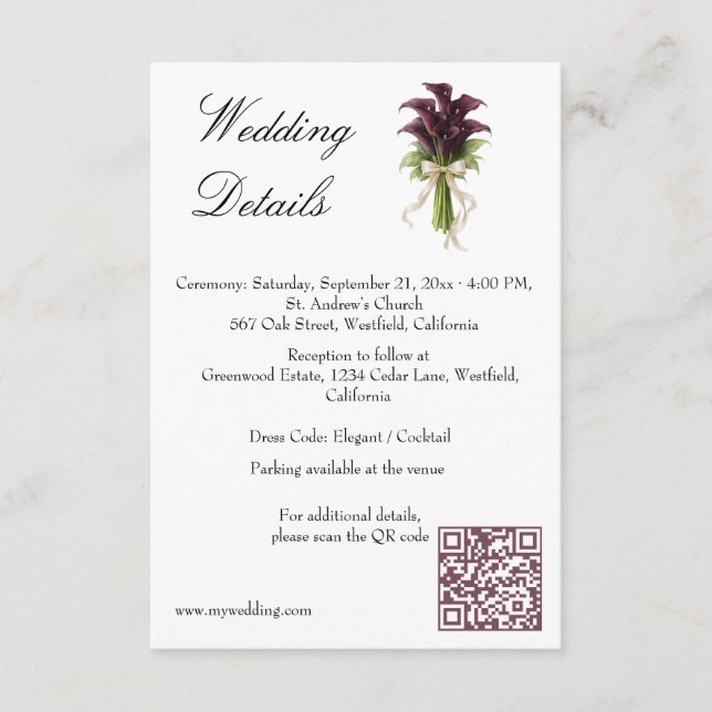 Carte D'accompagnement Burgundy Calla Lily Wedding Bouquet Ivory Ribbon  (Devant)