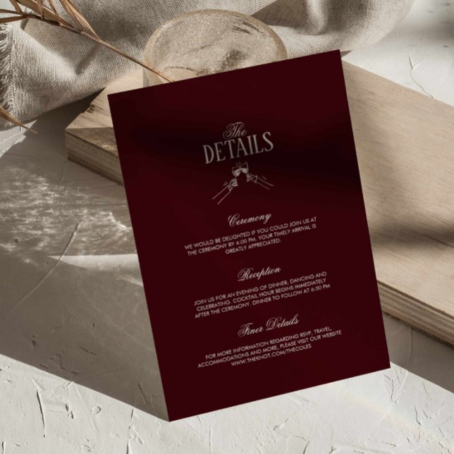 Carte D'accompagnement Burgundy Classic Retro Wedding Details  (burgundy formal trendy wedding details card, deep red cherry classic ceremony details enclosure card)