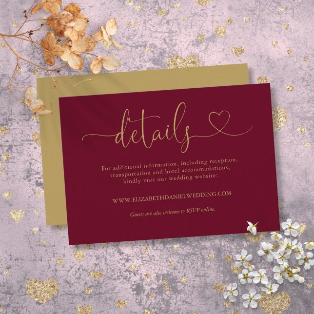Carte D'accompagnement Burgundy Et Coeur Doré Calligraphie Mariage Détail (Burgundy And Gold Heart Script Wedding Details Enclosure Card)