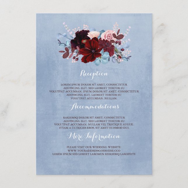 Carte D'accompagnement Burgundy et Dusty Blue Information Mariage Invité (Devant)