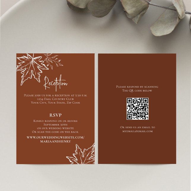 Carte D'accompagnement Burgundy Fall quitte QR Code RSVP Mariage (Burgundy wedding reception enclosure card. with RSVP details. )