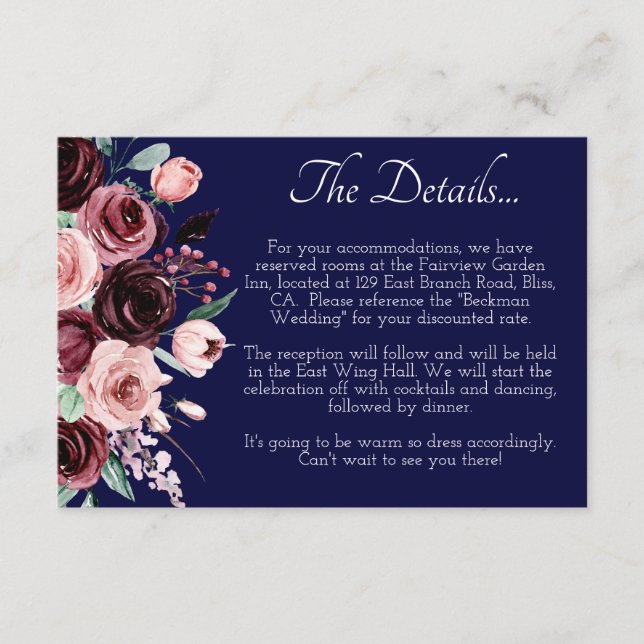 Carte D'accompagnement Burgundy Floral and Navy Blue Mariage Detail (Devant)