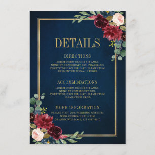 Carte D'accompagnement Burgundy Floral Gold Navy Blue Détails du Mariage
