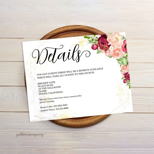 Carte D'accompagnement Burgundy Floral Gold Polygonal Geometric Wedding (Burgundy Floral Gold Polygonal Geometric Wedding Detasils Card)