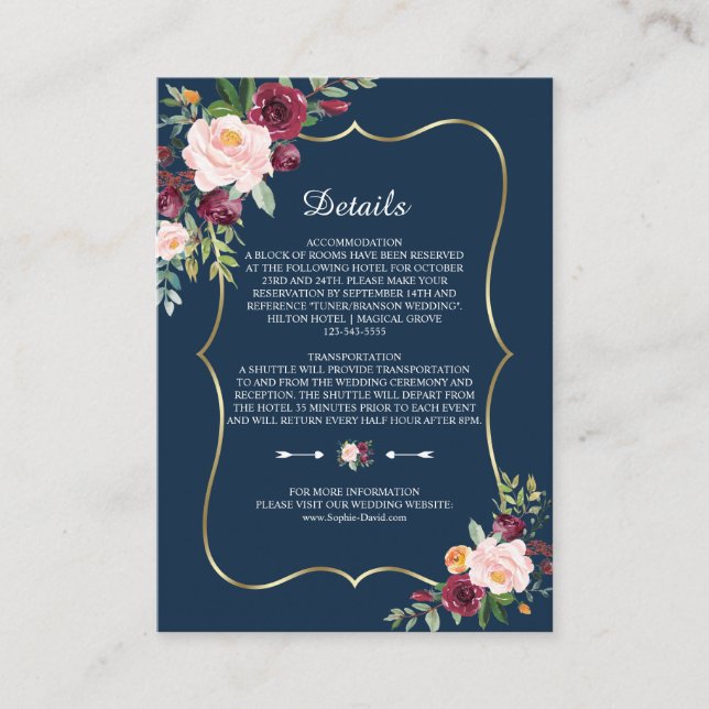 Carte D'accompagnement Burgundy Floral Navy Blue Gold Détails du Mariage (Devant)
