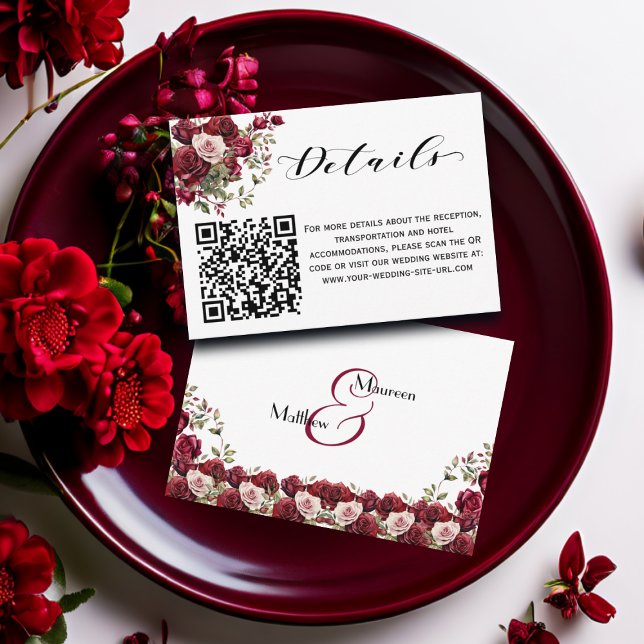 Carte D'accompagnement Burgundy Floral Script QR Code Détails du Mariage (Créateur téléchargé)