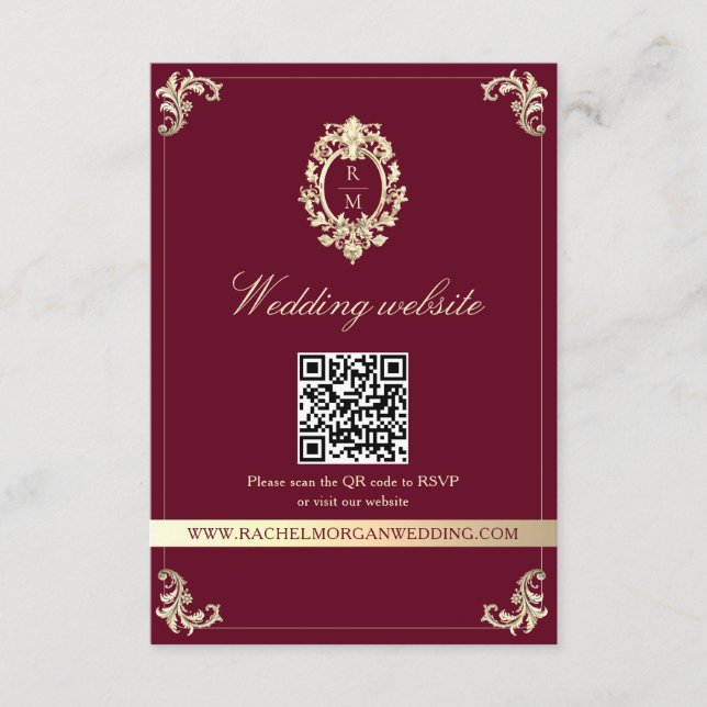 Carte D'accompagnement Burgundy Gold Baroque Wedding Website QR Card (Devant)