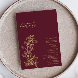 Carte D'accompagnement Burgundy Gold Floral Détails du Mariage