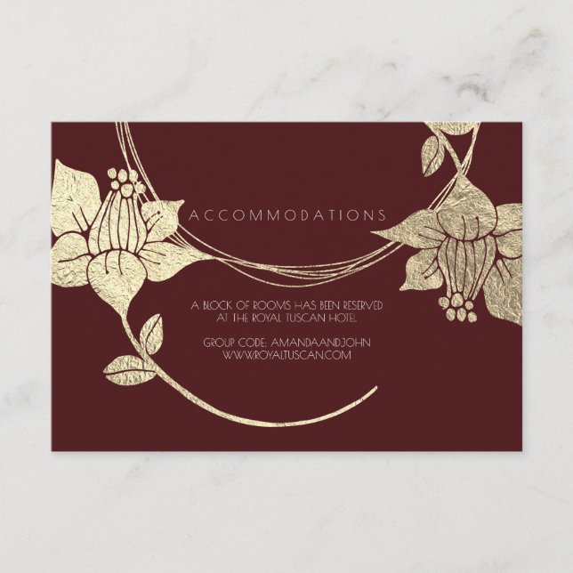 Carte D'accompagnement Burgundy Gold Floral Mariage Hôtel Hébergement (Devant)