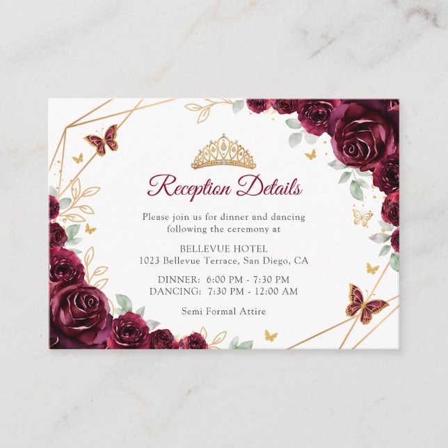 Carte D'accompagnement Burgundy Gold Floral Quinceanera Reception Details (Devant)