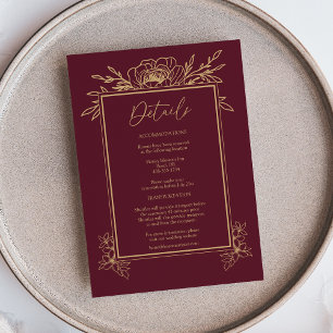 Carte D'accompagnement Burgundy Gold Floral Simple Détails sur le Mariage