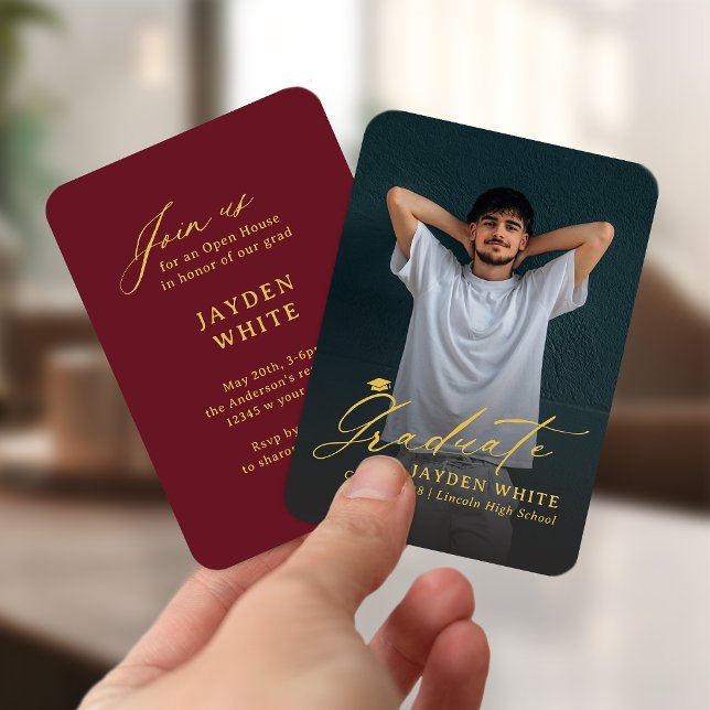 Carte D'accompagnement Burgundy Gold Mini Modern Script Photo Graduation (Burgundy Gold Mini Modern Script Photo Graduation Enclosure Card)