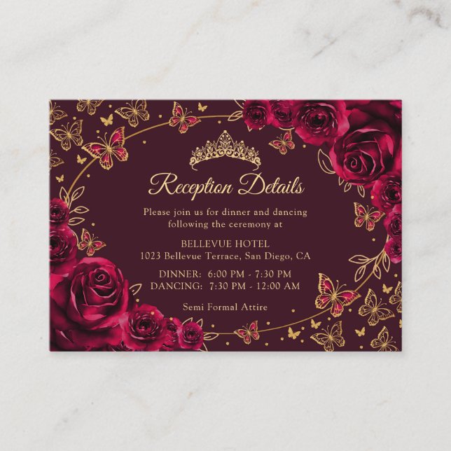 Carte D'accompagnement Burgundy Gold Quinceanera Reception Details (Devant)
