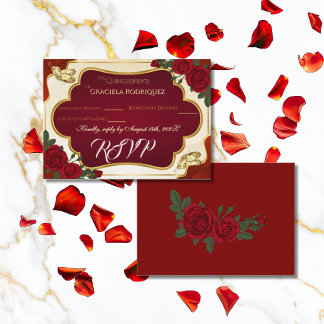 Carte D'accompagnement Burgundy & Gold Rose Quinceañera RSVP Card