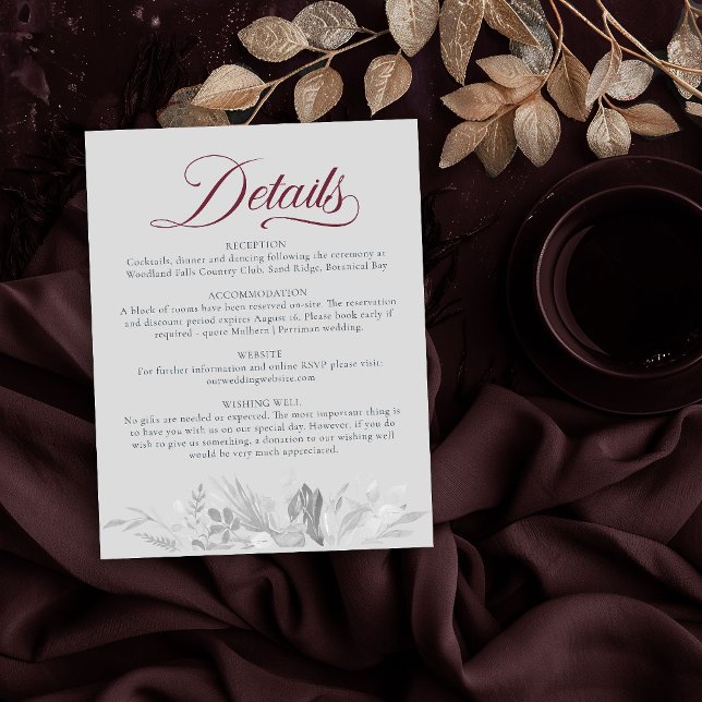 Carte D'accompagnement Burgundy Grey Botanical Foliage Mariage Détail (Wedding Details Card in Burgundy and Grey from the Foliage Duet Collection by Darling & May)