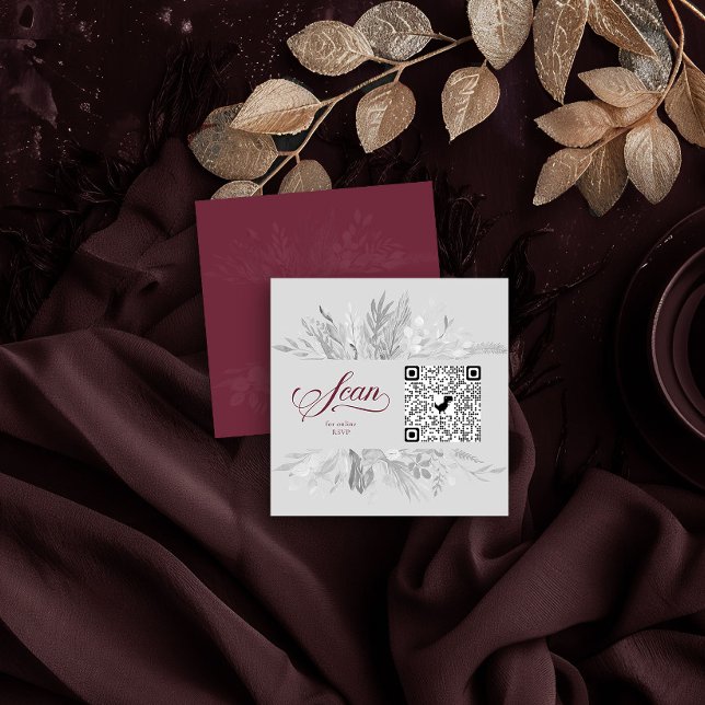 Carte D'accompagnement Burgundy Grey Botanique en ligne RSVP QR Code (Website QR Code Insert Card in Burgundy and Grey from the Foliage Duet Collection by Darling & May)