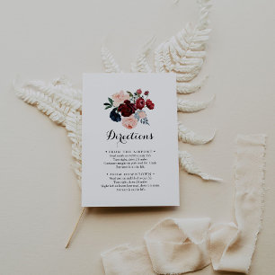 Carte D'accompagnement Burgundy Marine Rose Floral Mariage Directions