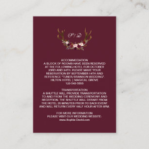 Carte D'accompagnement Burgundy Marsala Floral Antlers Détails du Mariage
