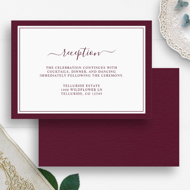 Carte D'accompagnement Burgundy Minimal Élégant Mariage de réception Scri (Burgundy Minimal Elegant Script Reception Wedding Enclosure Card by Painted Paperie
)