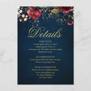 Carte D'accompagnement Burgundy Navy Blue Blush Floral Détails du Mariage