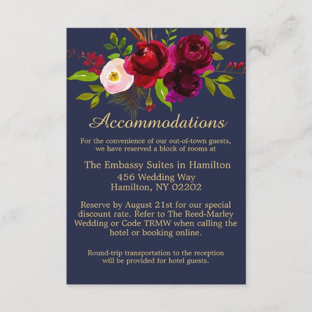 Carte D'accompagnement Burgundy Navy Blue Floral Élégant Script (Devant)