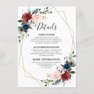 Carte D'accompagnement Burgundy Navy Blush Floral Gold Mariage géométriqu