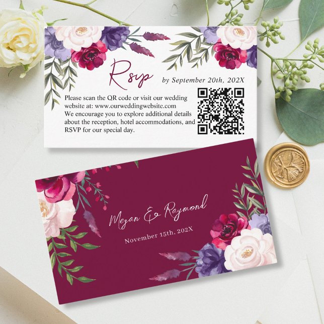 Carte D'accompagnement Burgundy Navy Blush Mariage Website RSVP QR Code (Créateur téléchargé)