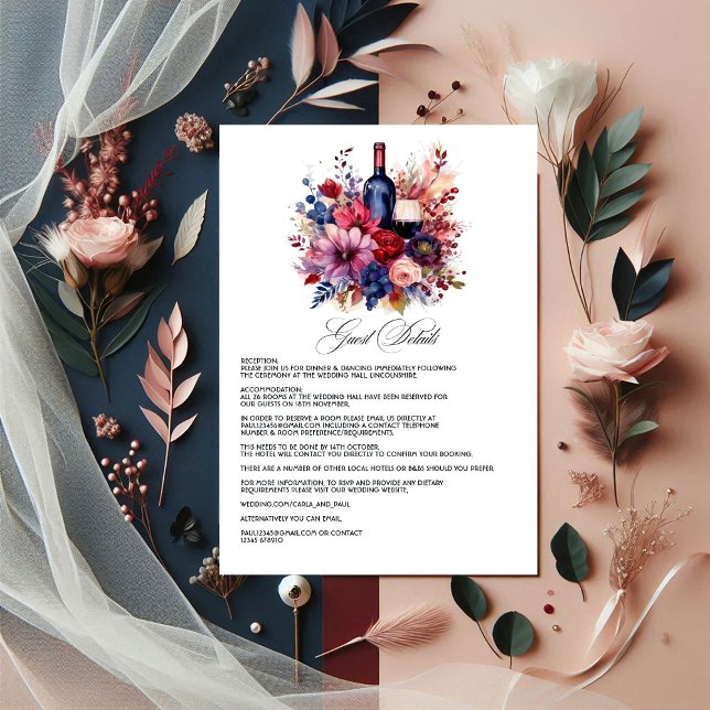 Carte D'accompagnement Burgundy, Navy & Blush Wine Tasting Détails au cli (Burgundy, Navy and Blush Wine Tasting Guest Details Enclosure Card)