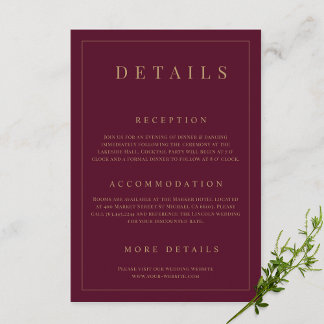 Carte D'accompagnement Burgundy & Or Simple Formel Détails du Mariage