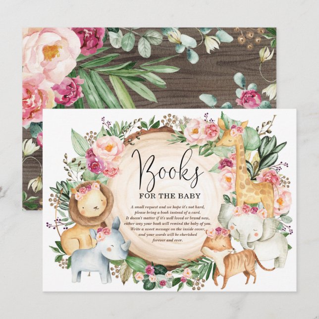 Carte D'accompagnement Burgundy Pink Jungle Safari Livres pour Bébé Girl (Devant / Derrière)