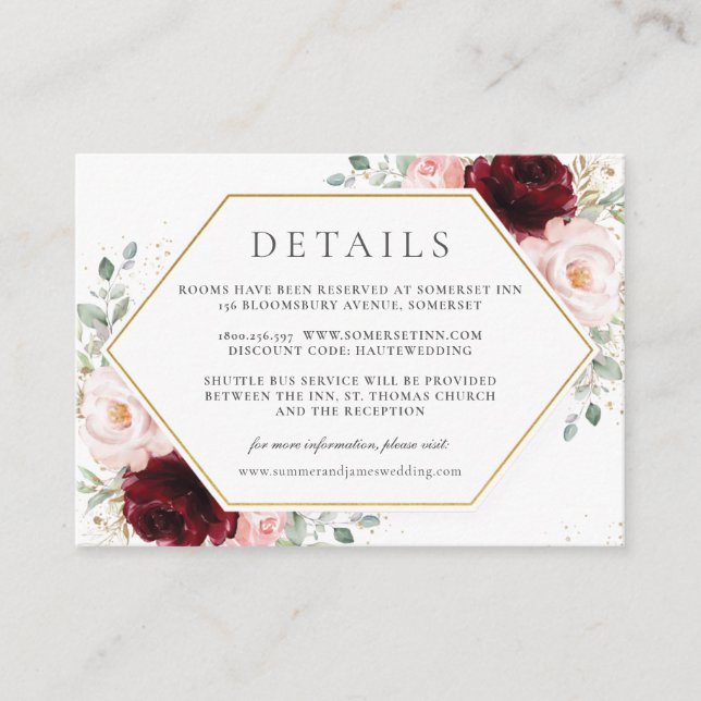 Carte D'accompagnement Burgundy Red Blush Rose Floral Détails du Mariage (Devant)