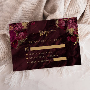 Carte D'accompagnement Burgundy Red Gold Floral Agate Script Mariage RSVP