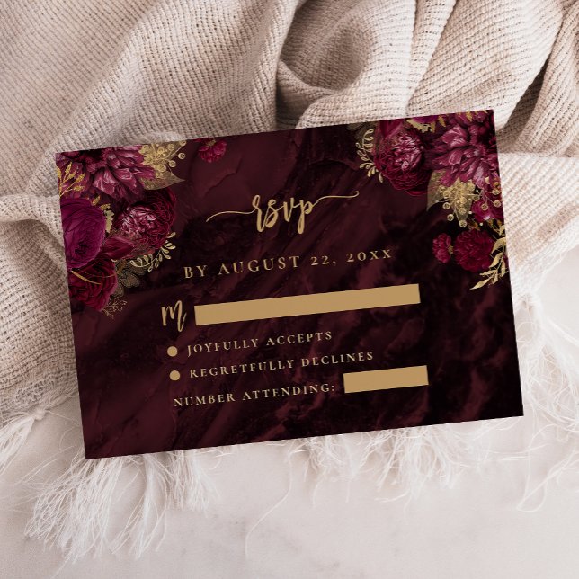 Carte D'accompagnement Burgundy Red Gold Floral Agate Script Wedding RSVP (Créateur téléchargé)