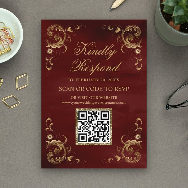 Carte D'accompagnement Burgundy Red Gold QR Code RSVP site Mariage (Créateur téléchargé)