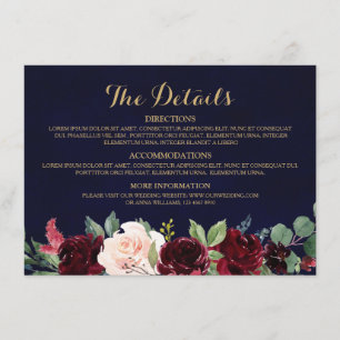 Carte D'accompagnement Burgundy Red Navy Floral Rustic Détails du Mariage
