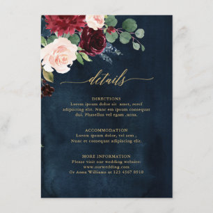 Carte D'accompagnement Burgundy Red Navy Floral Rustic Détails du Mariage