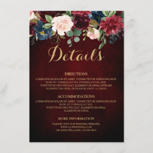Carte D'accompagnement Burgundy Red Navy Floral Rustic Détails du Mariage