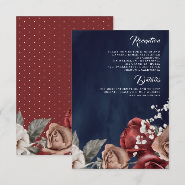 Carte D'accompagnement Burgundy Red Rose Floral Navy Blue Wedding Details (Devant / Derrière)