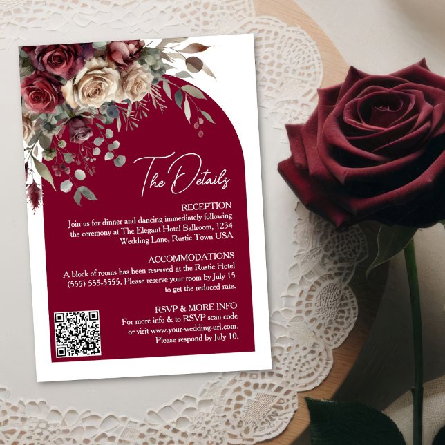 Carte D'accompagnement Burgundy Rose Arch QR Code Détails du Mariage (Créateur téléchargé)