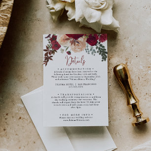 Carte D'accompagnement Burgundy Rose Blush Floral Détails du Mariage
