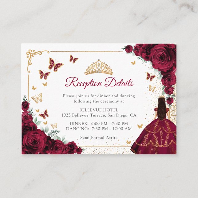 Carte D'accompagnement Burgundy Roses Gold Quinceanera Reception Details (Devant)