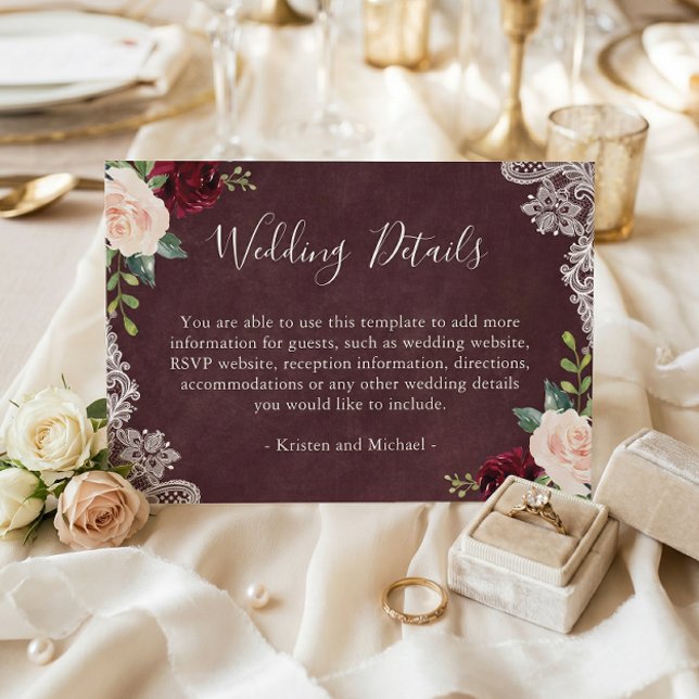 Carte D'accompagnement Burgundy Rouge Blush Floral dentelle Détails du Ma (Créateur téléchargé)
