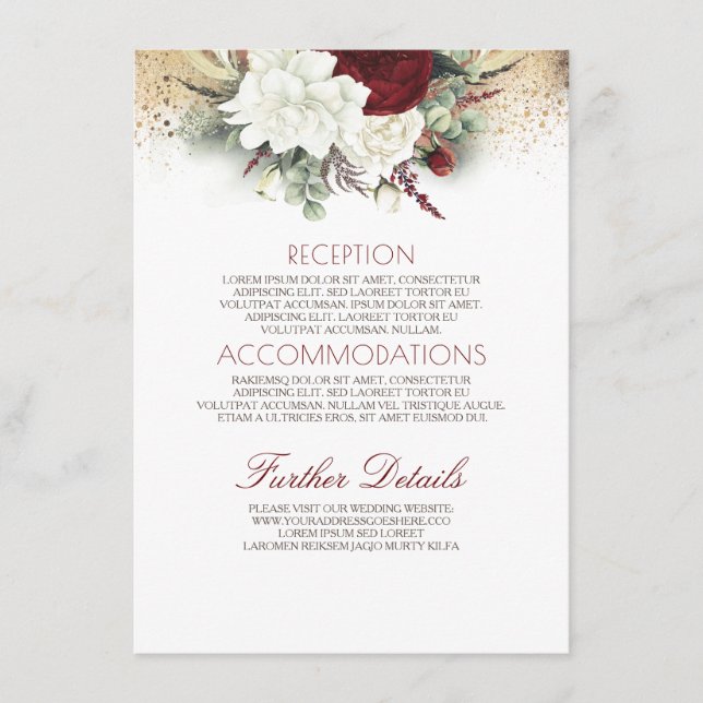 Carte D'accompagnement Burgundy Rouge et Blanc Floral Information Mariage (Devant)