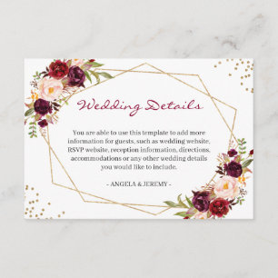 Carte D'accompagnement Burgundy Rouge Floral Or Détails du Mariage géomét