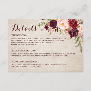 Carte D'accompagnement Burgundy Rouge Floral Rustique Détails du Mariage