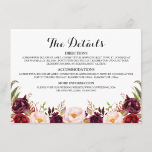 Carte D'accompagnement Burgundy Rouge Floral Rustique Détails du Mariage