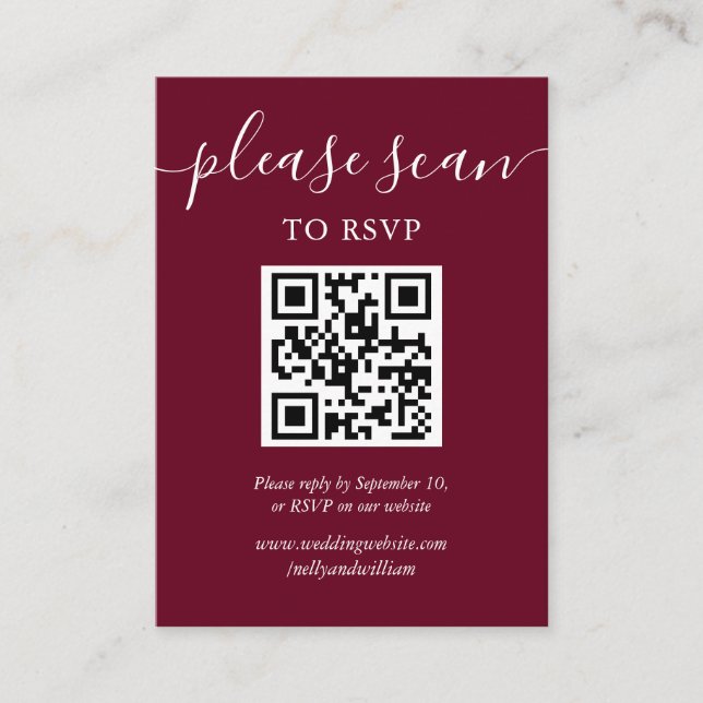 Carte D'accompagnement Burgundy Script RSVP QR Code (Devant)